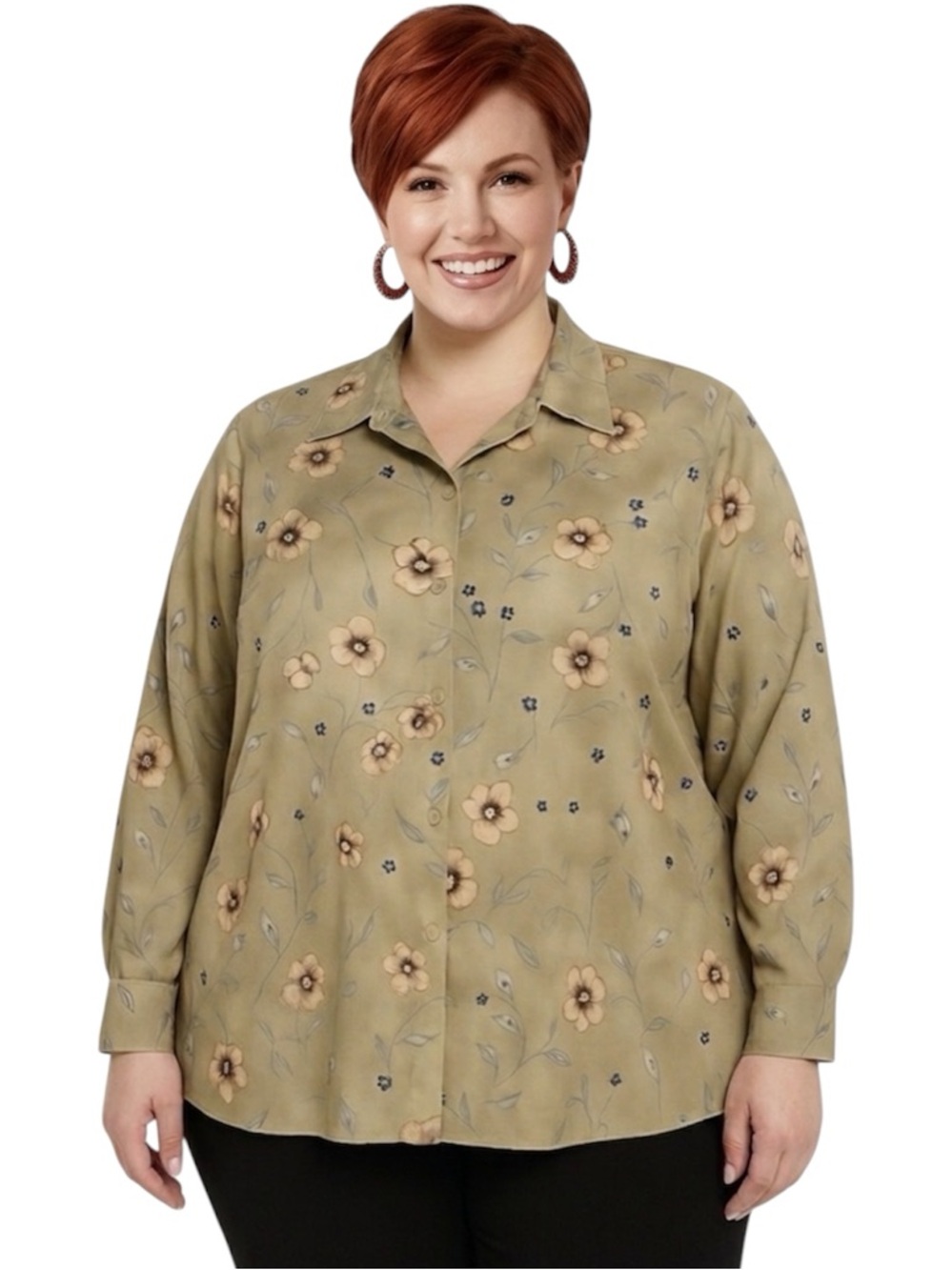 Naji Ahdoot Women Top Light Olive Floral Button-Up Blouse Long Sleeve Size XL